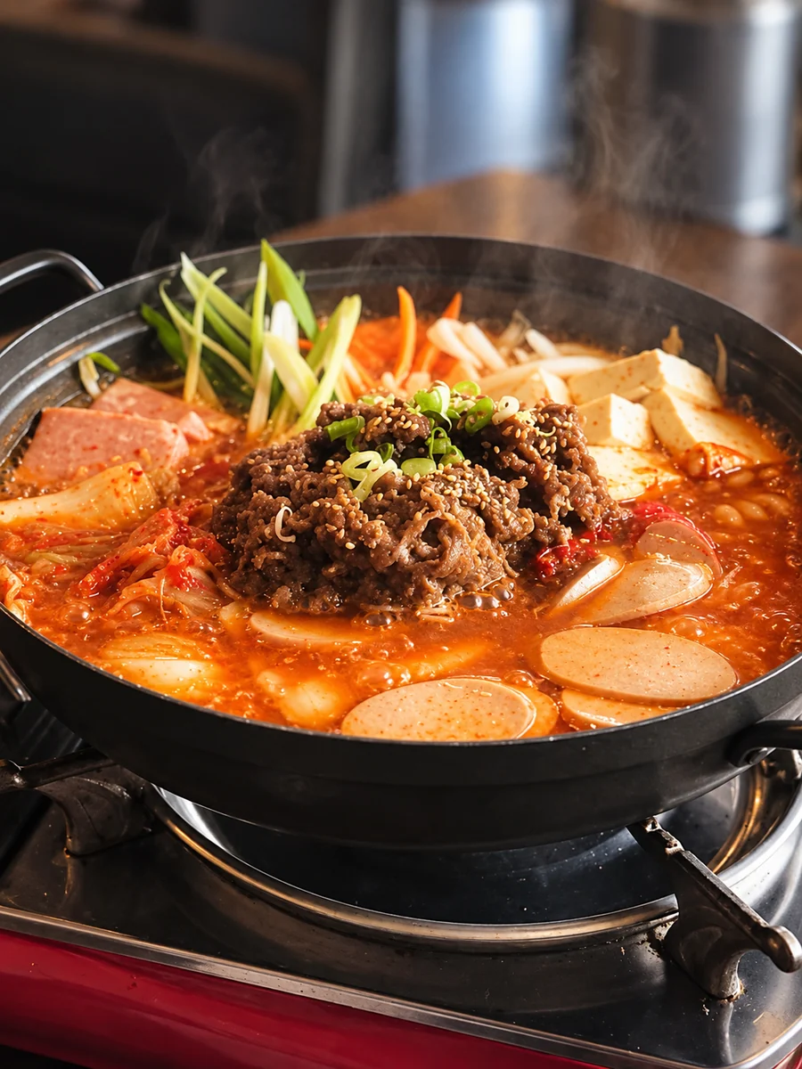 A bubbling Korean hot pot with beef, vegetables and tofu