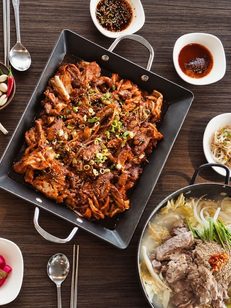 A Korean shared table with sizzling meat, soup and side dishes