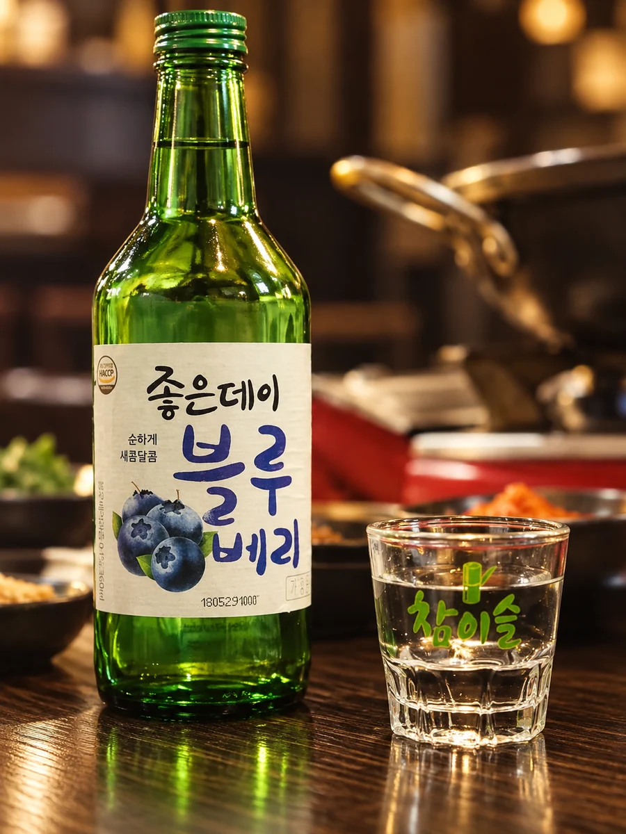 A Korean blueberry soju bottle and shot glass on a dining table