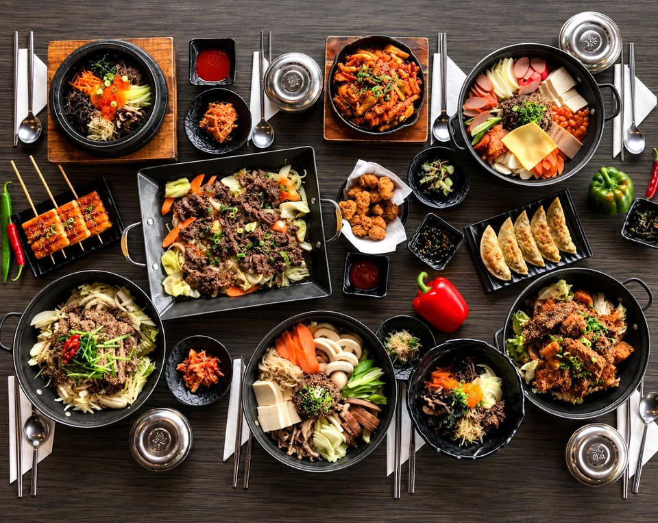 An overhead table arranged with Korean dishes